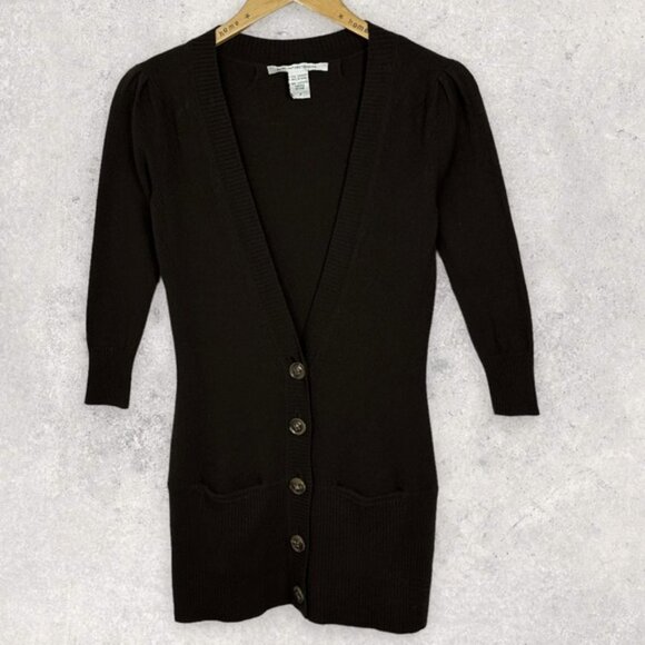 DVF 100% Cashmere Chocolate Brown Cardigan Knit Sweater V-Neck Size‎ XS or P Rib - Picture 1 of 10